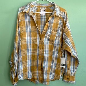 SO gold, white and blue Long Sleeve Flannel button down shirt size xxl
